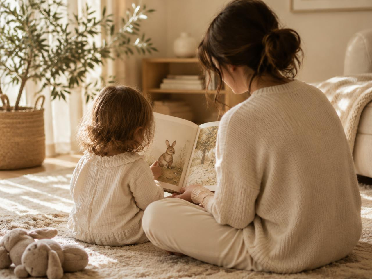 Mãe e criança pequena lendo um livro ilustrado juntas (imagem ilustrativa)